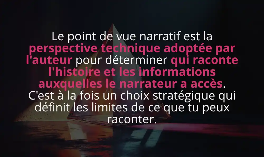 Le point de vue narratif est la perspective technique adoptée par l'auteur pour déterminer qui raconte l'histoire et les informations auxquelles le narrateur a accès. C'est à la fois un choix stratégique qui définit les limites de ce que tu peux raconter.